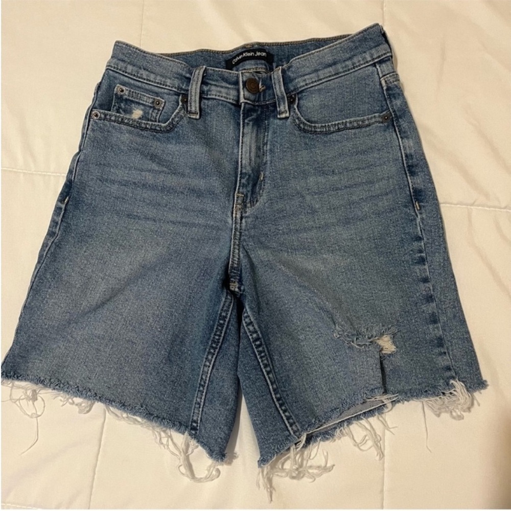 Calvin Klein Blue Jean Shorts with Distressed Hem
